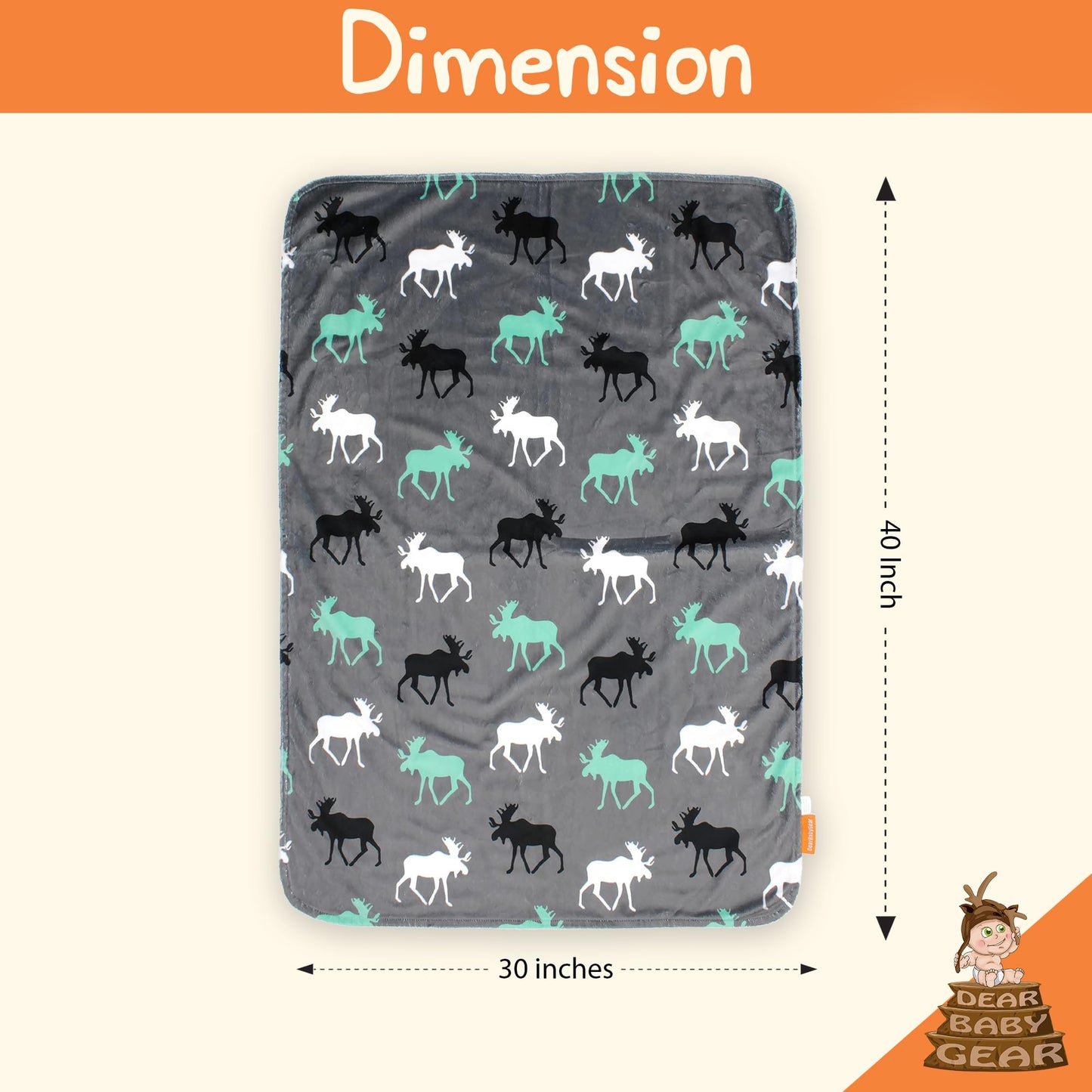 Dear Baby Gear - Reversible Baby Blankets - Soft Nursery Blanket for Newborn - Toddler Blankey - Throw Blanket for Boys & Girls - Infant Blankets - 40x30" (White Gray and Mint, Moose)