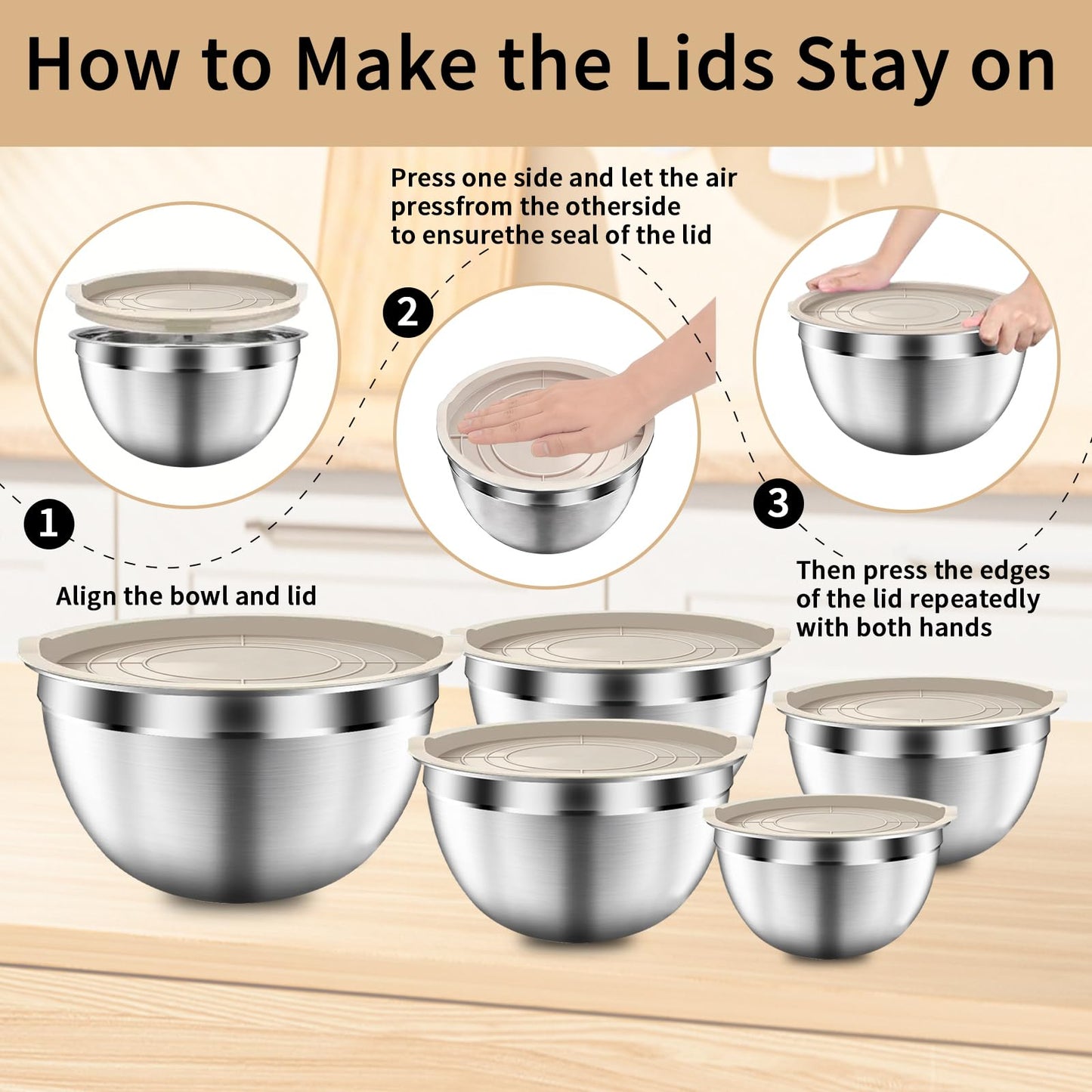 ZEENSUY Mixing Bowls with Airtight Lids Set, 5 PCS Stainless Steel Khaki Nesting Bowls for Kitchen, Large Prep Metal Mixing Bowls for Kitchen, 5.5/4/3.5/2/1.5 QT for Mixing & Serving
