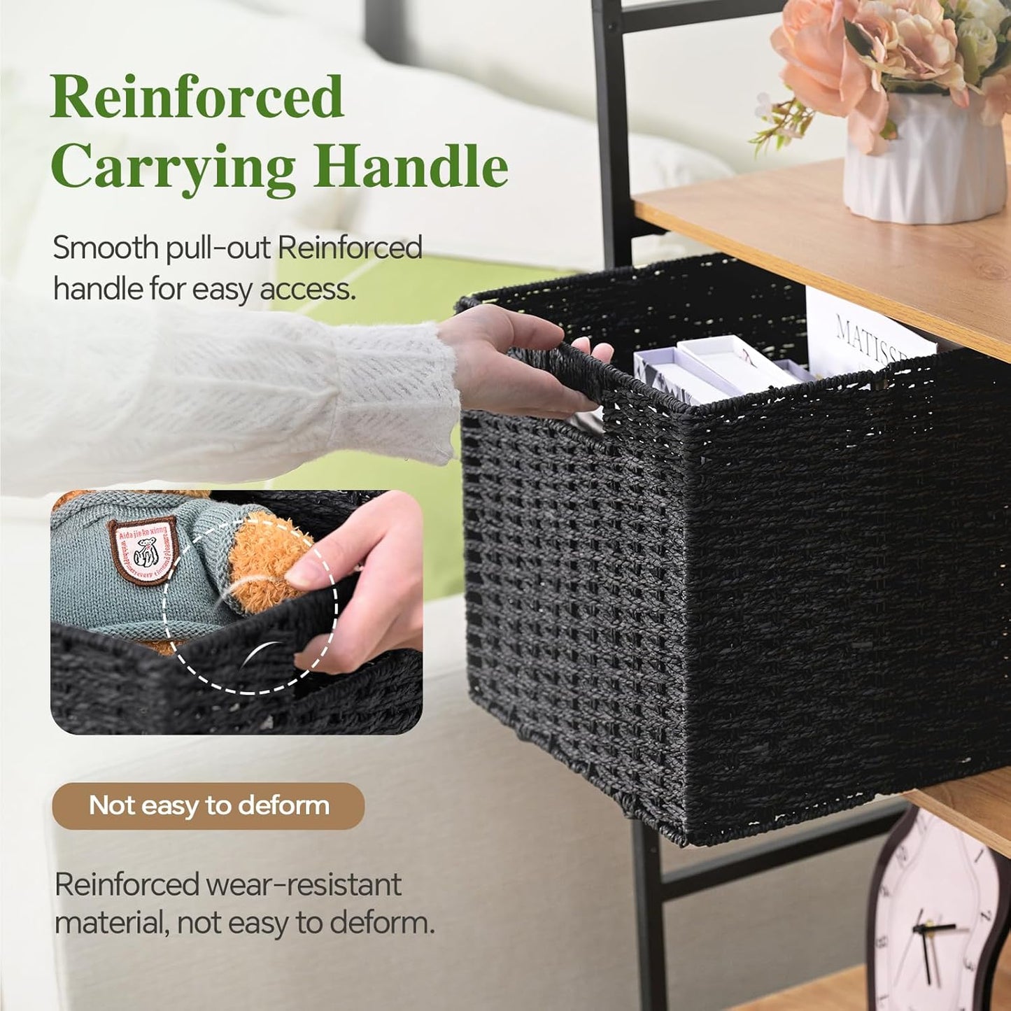 Skiennix Woven Wicker Storage Baskets - 2-Pack Handwoven Paper Rope Organizers | 11x11 Foldable Cube Bins in Classic Black