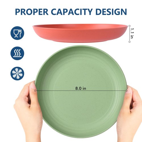 HOTEC 8-Pack 8inch BPA Free Unbreakable Deep Plastic Plates, Wheat Straw Camping Plates Dishwasher Safe Kitchen Plates Dinnerware Multicolor