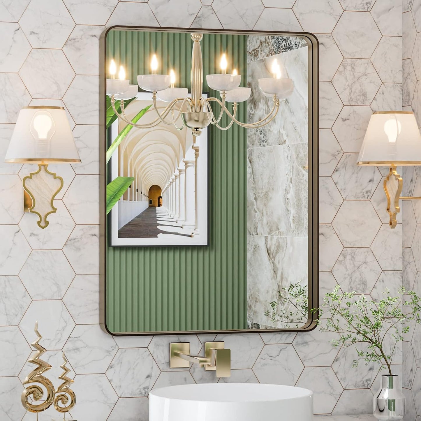 LOAAO Bronze Bathroom Mirror - 22”x30” Rounded Rectangle with Anti-Rust Brushed Metal Frame | Versatile Hanging Options