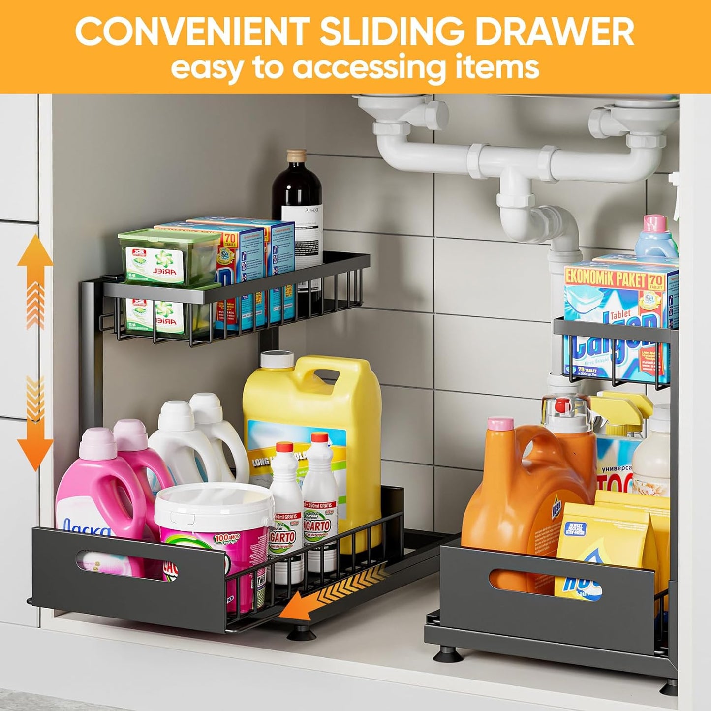 Saydear Under Sink Organizer - 2-Tier Premium Metal Pull-Out Storage with Sliding Drawer | Adjustable Height, Heavy Duty, Black (2 Pack)