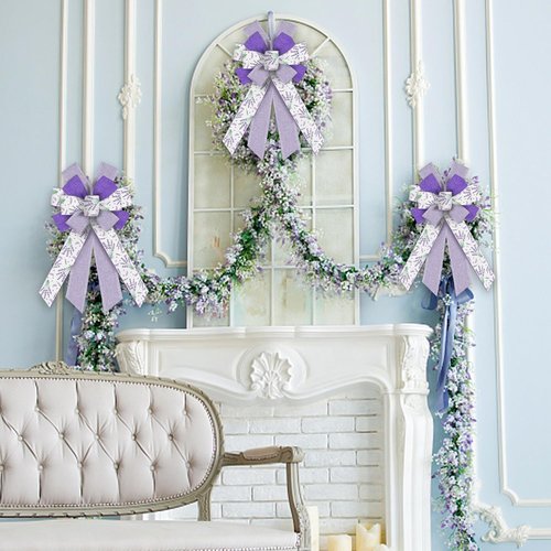 Hying Large Spring Lavender Bows - White & Purple Burlap Wreath Bows for Weddings & Parties