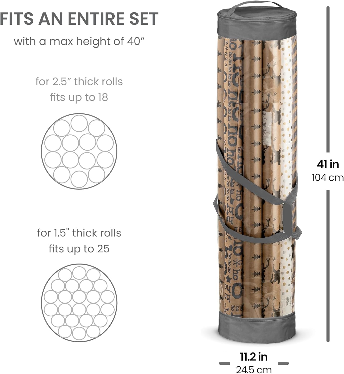 ZOBER Gift Wrap Organizer | 40-Inch Round Storage for 25 Rolls - Durable Clear PVC & 600D Oxford Fabric - Gray