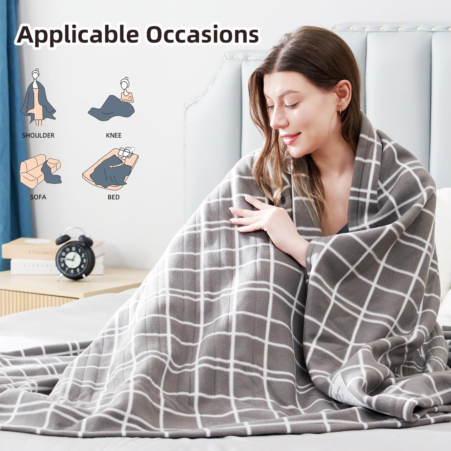 Eydna Electric Heated Blanket Queen Size 84"x90", Soft Fleece with 10 Hours Auto-Off & 4 Heating Levels, Dual Control and Machine Washable, LightGray Plaid