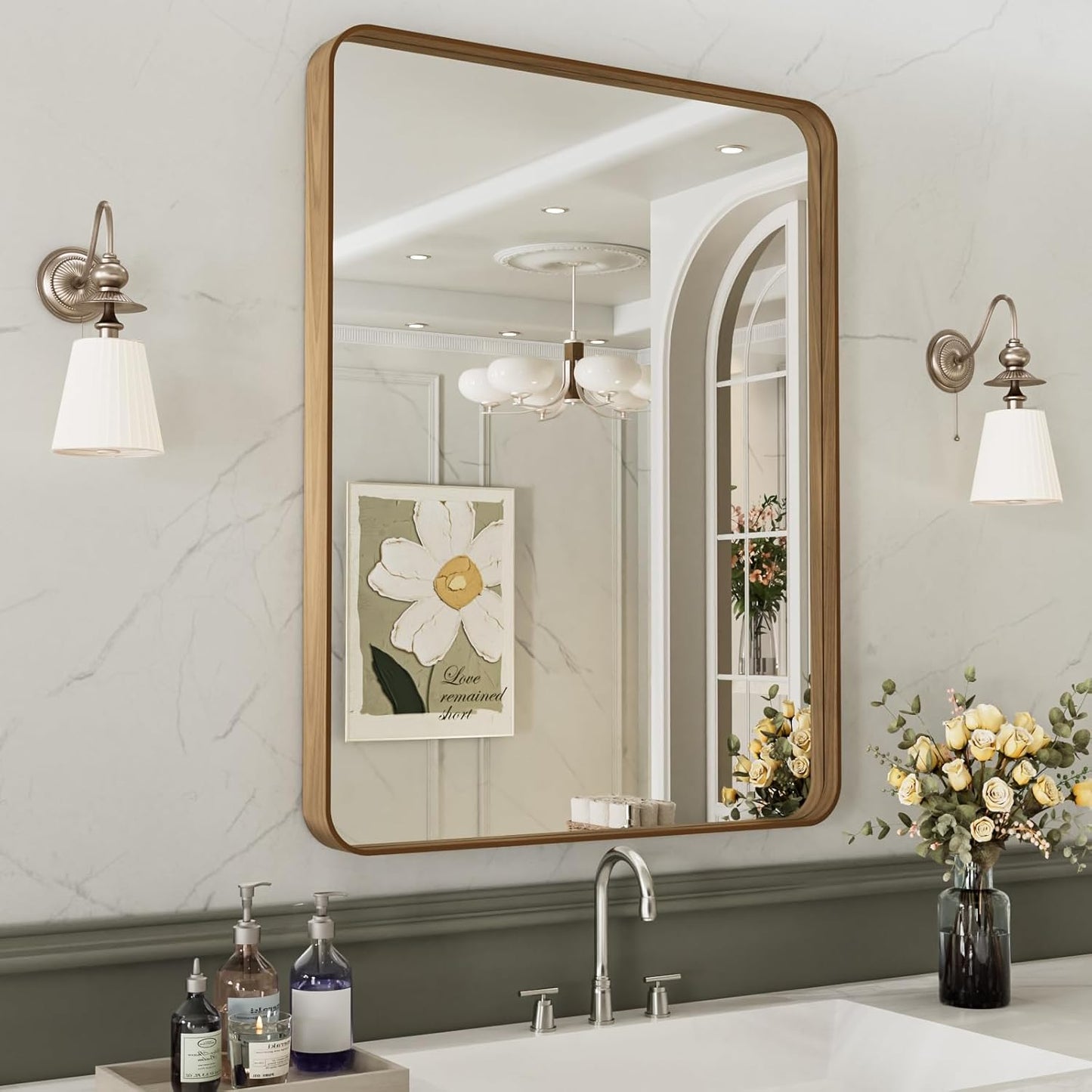 LOAAO Bathroom Mirror - 24x36 Inch Rounded Rectangle with Wood Grain Metal Frame | Anti-Rust, Versatile Hanging Options