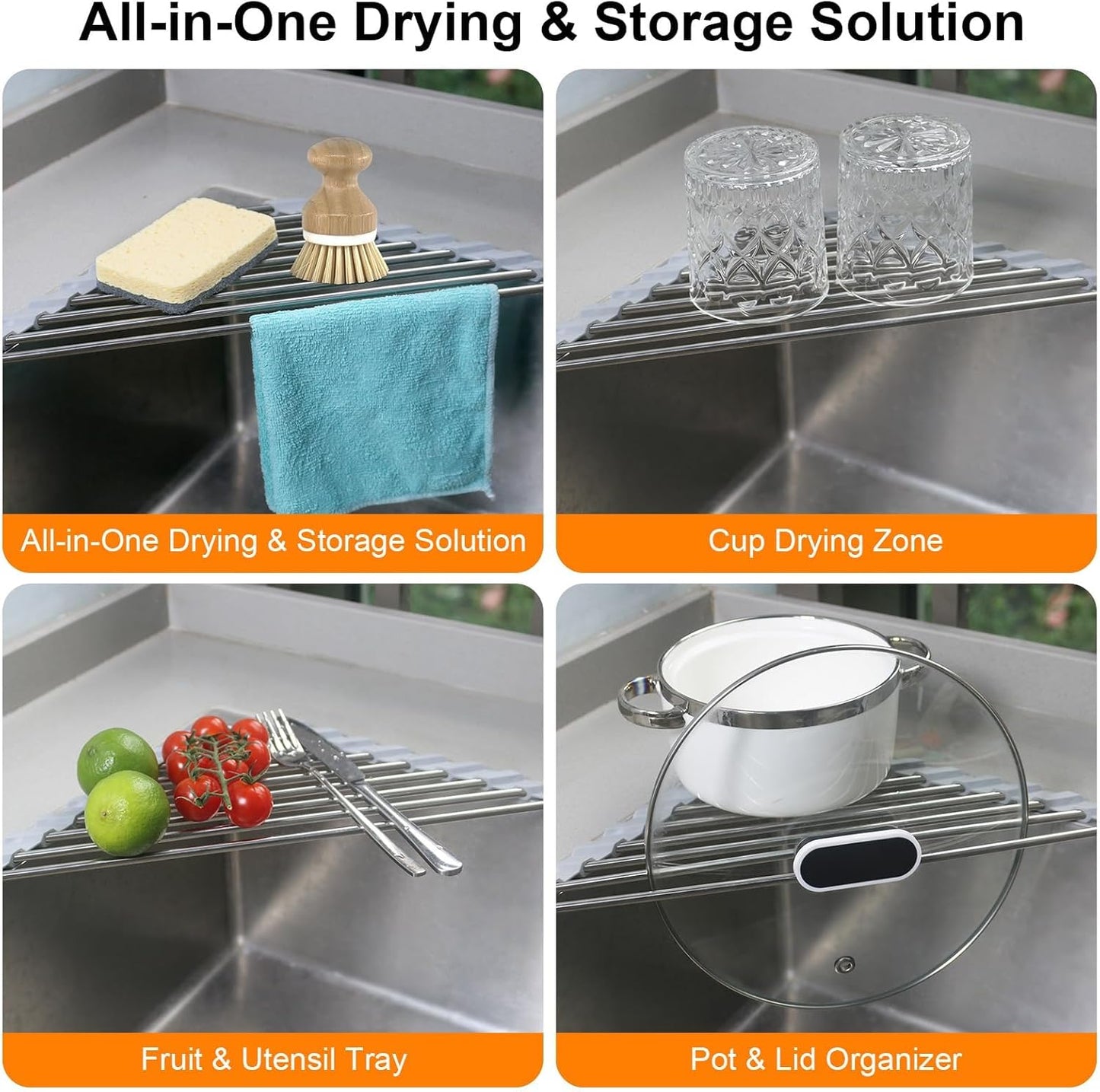 Skiennix Corner Sink Caddy - Triangle Dish Drying Rack & Sponge Holder | Stainless Steel Organizer