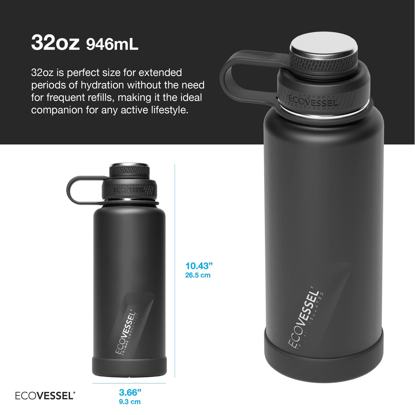 EcoVessel Stainless Steel Water Bottle with Insulated Dual Lid, Insulated Water Bottle with Strainer and Silicone Bottle Bumper, Coffee Mug – 32oz (Navy Nightfall)