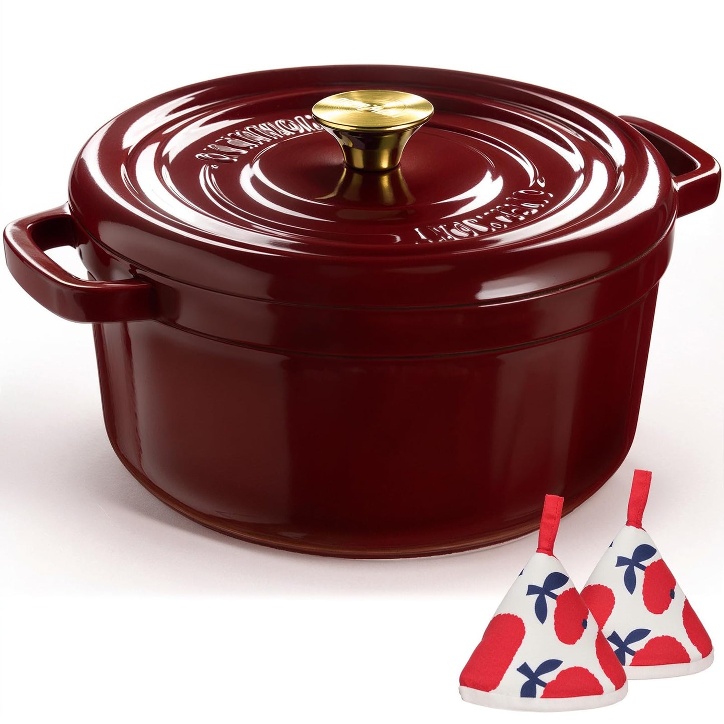Overmont Enameled Cast Iron Dutch Oven - 5QT Pot with Lid Cookbook & Cotton Potholders - Heavy-Duty Cookware for Braising, Stews, Roasting, Sourdough Baking burgundy