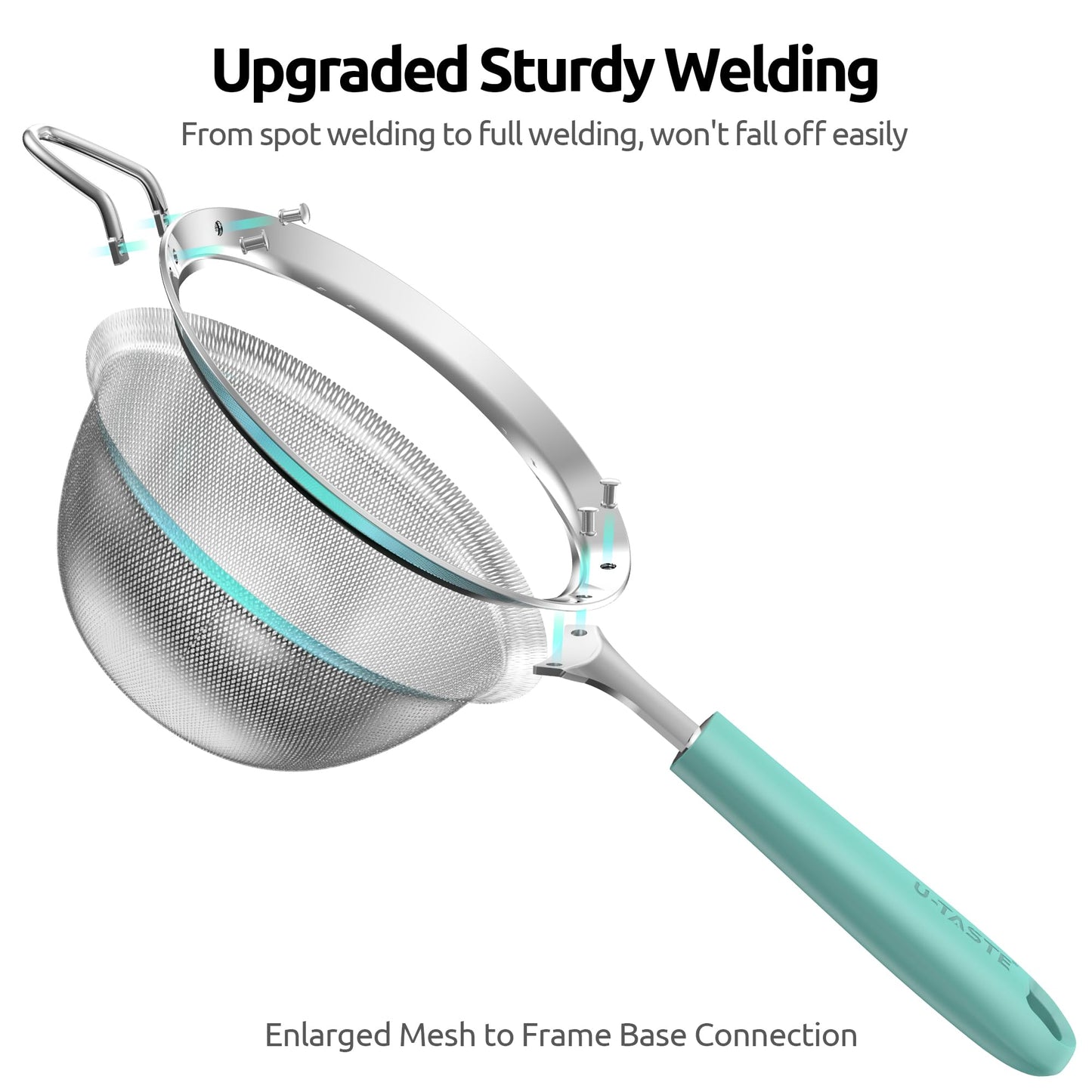 U-Taste Medium Fine Mesh Strainer: 18/8 Stainless Steel 4.73in 30 Mesh Kitchen Food Sieve with Sturdy Riveted Silicone Handle, Heavy Duty Deep Handheld Metal Colander for Rice, Quinoa, Flour(Aqua Sky)