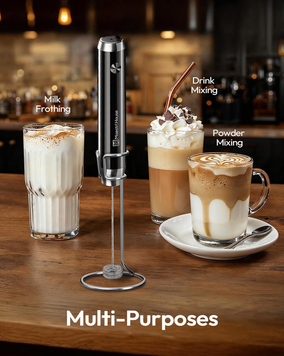 Maestri House Rechargeable Milk Frother - Handheld Electric Foam Maker with Detachable Stainless Steel Whisk for Lattes & Cappuccinos
