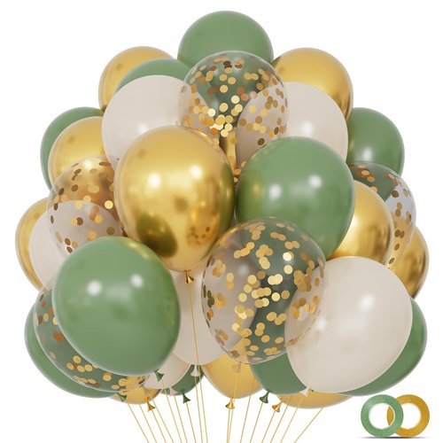 68Pcs Balloons Kit 12 Inch, Sage Green Balloon Sand White Metallic Gold Balloon Confetti with Ribbons, Party Balloons for Baby Bridal Shower Wedding Birthday Decorations.