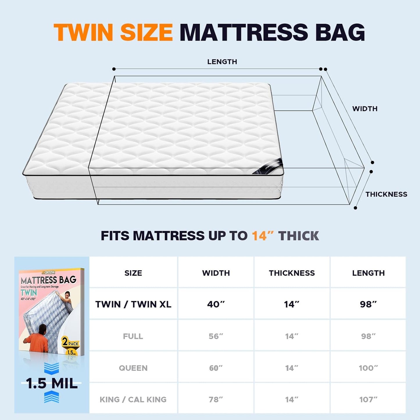 Skiennix Twin Size Mattress Bag - Waterproof Plastic Cover for Moving & Storage (2PC, 1.5MIL)
