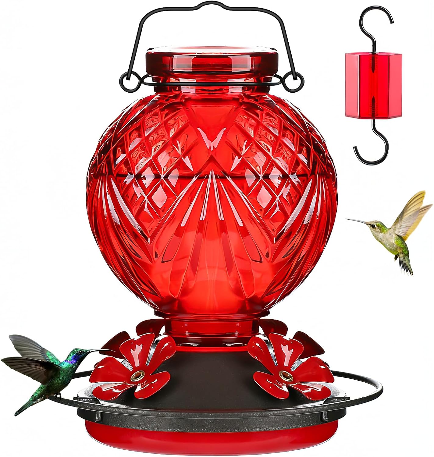 Skiennix Glass Hummingbird Feeder - 20oz Outdoor Nectar Feeder with 4 Flower Ports & Ant Moat, Red
