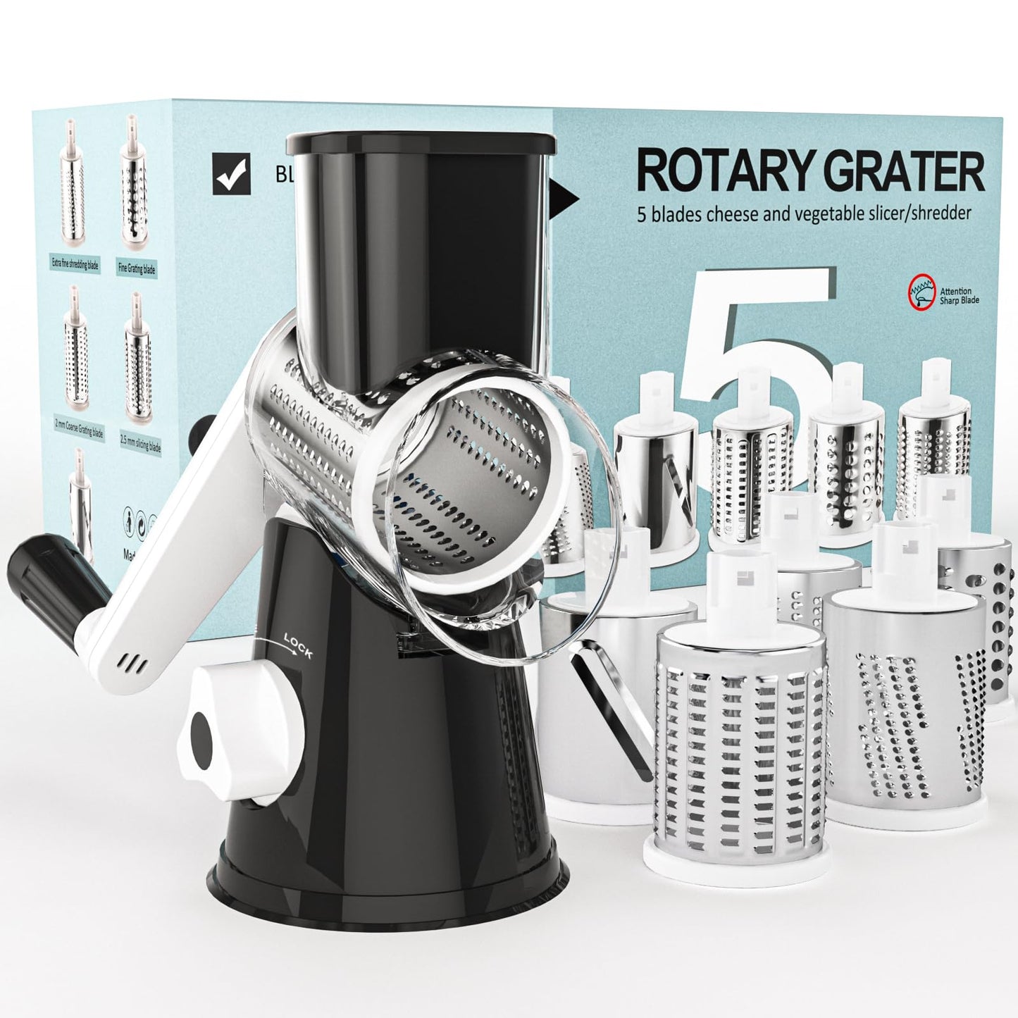 Cambom Rotary Cheese Grater Hand Crank Cheese Shredder for Fresh Cheese, Vegetable, Nuts,Non-slip Suction Base, Five Blades, Black