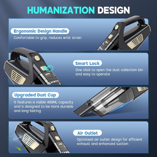 CKIKH Cordless Handheld Vacuum - 15000PA Strong Suction, Lightweight & Portable with Multi-Nozzles | Ideal for Home, Car & Pets