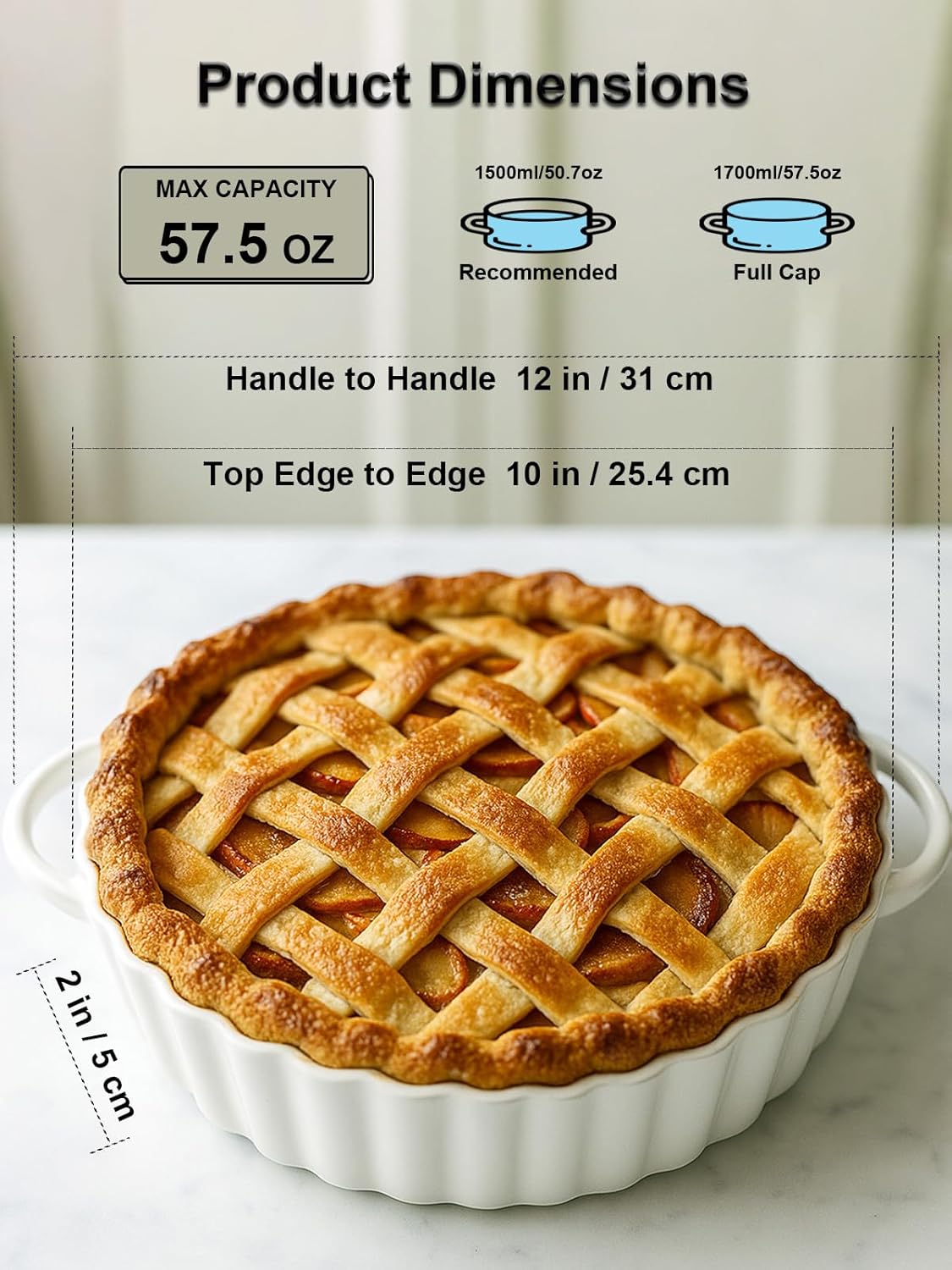 Skiennix Deep Ceramic Pie Pan - 10x2 Inch with Easy Grip Handles | Lead-Free, Oven & Microwave Safe for Baking