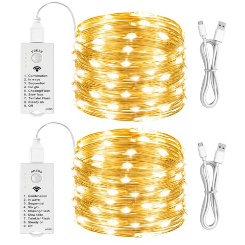 HXWEIYE Rechargeable Fairy Lights Battery Operated, DIY Timer & 8 Modes, 2 Pack 16FT 50LED Twinkle String Lights Indoor, Led mini Lights for Bedroom Wedding Dorm Christmas Tree Decor (Warm White)