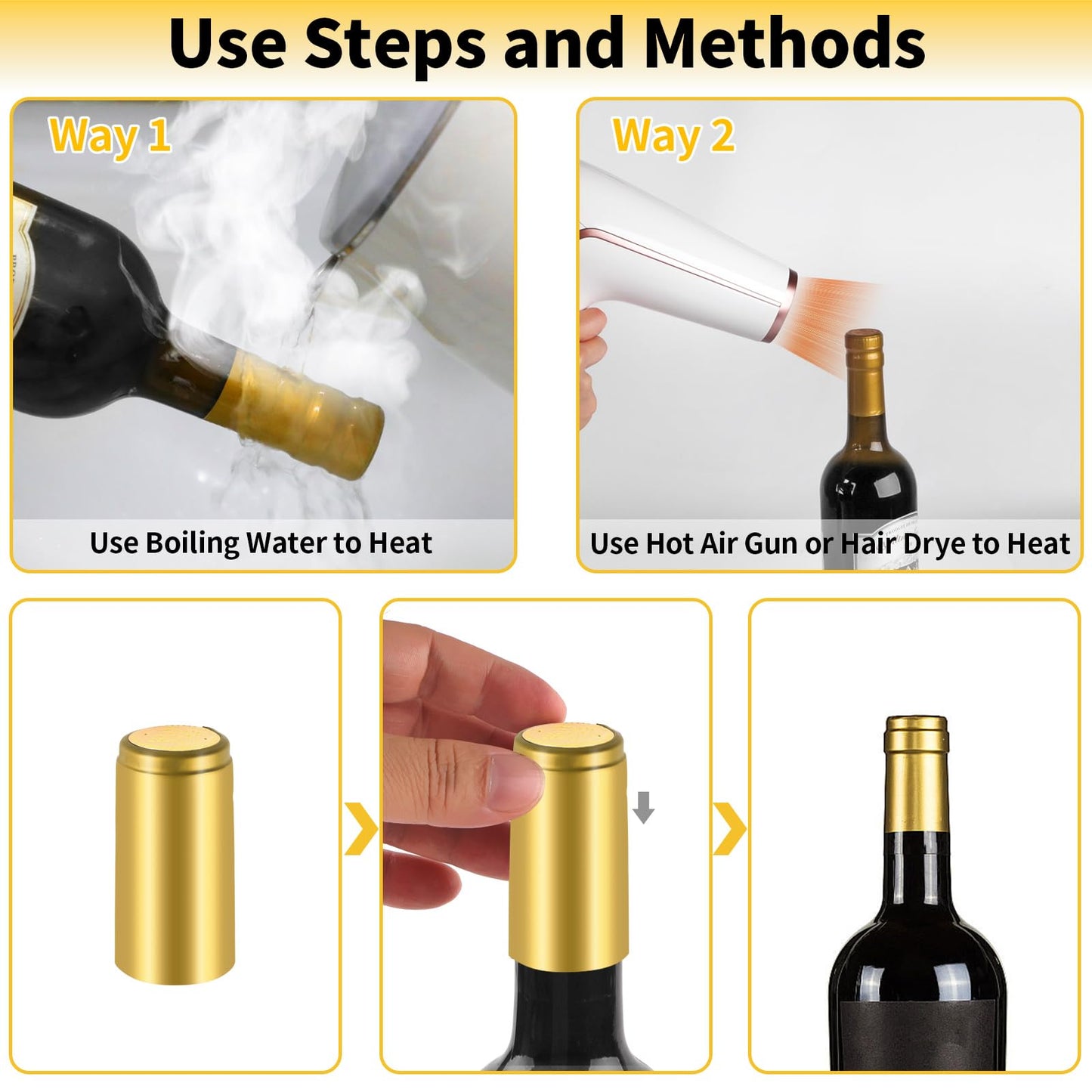PVC Heat Shrink Capsules, 120 Pieces Wine Shrink Wrap Caps, 3 Color Wine Bottle Capsules Shrink Caps for Professional Wine Making Cellars and Home Use (Black, Red, Gold)