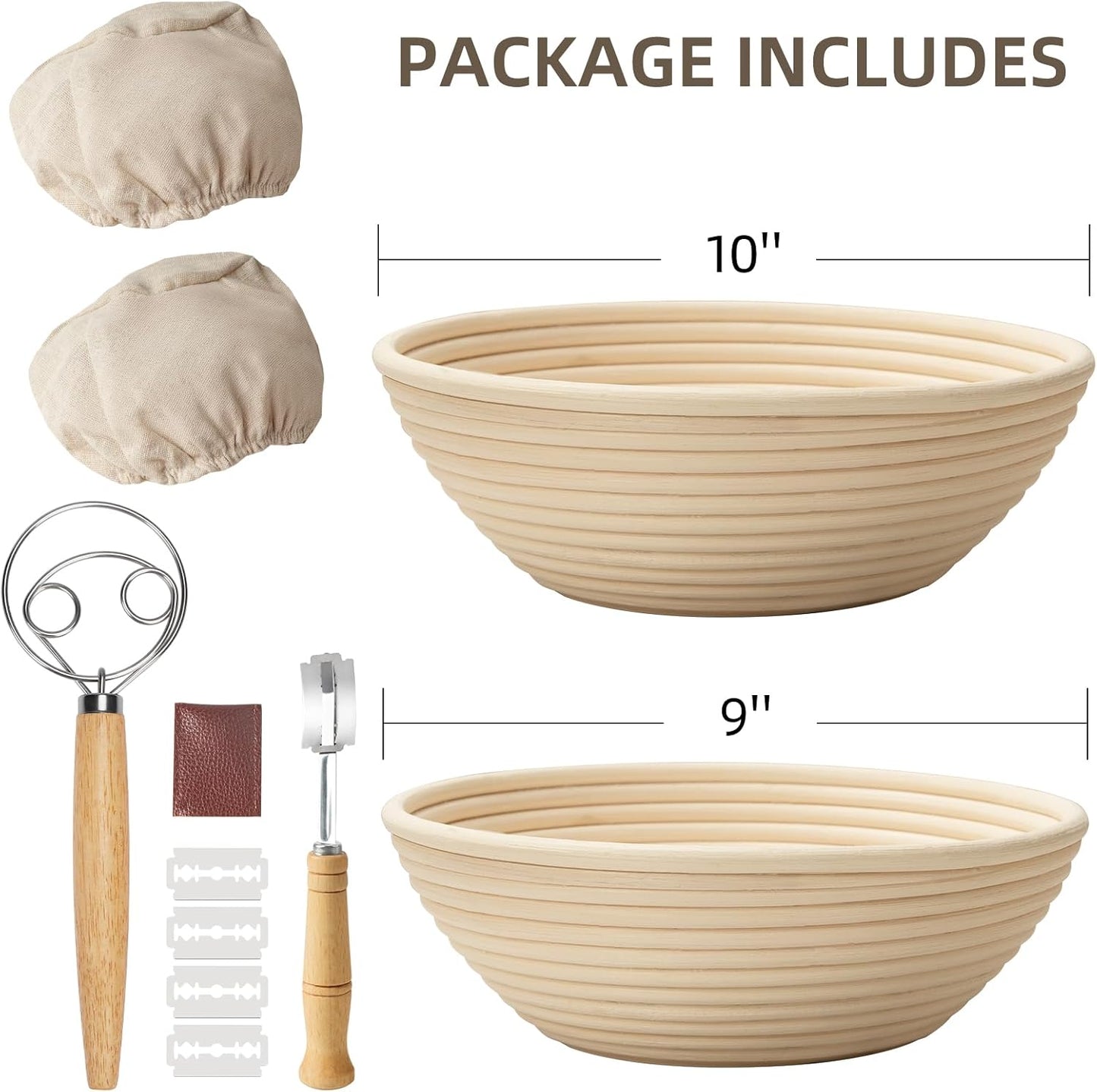 Kikcoin Bread Proofing Basket Set - 9 Inch & 10 Inch Round Sourdough Baskets with Linen Liner & Tools