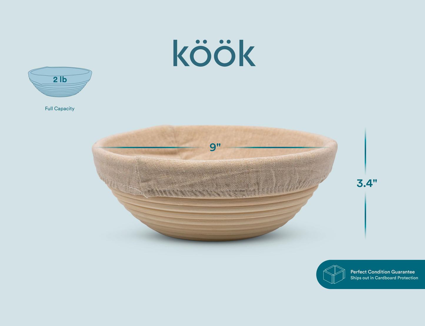 Kook Banneton Bread Proofing Basket 9 Inch - Complete 12 Piece Sourdough Basket Kit with Liners and Scrapers - Natural Rattan for Artisan Bread Making - Set of 2 Round