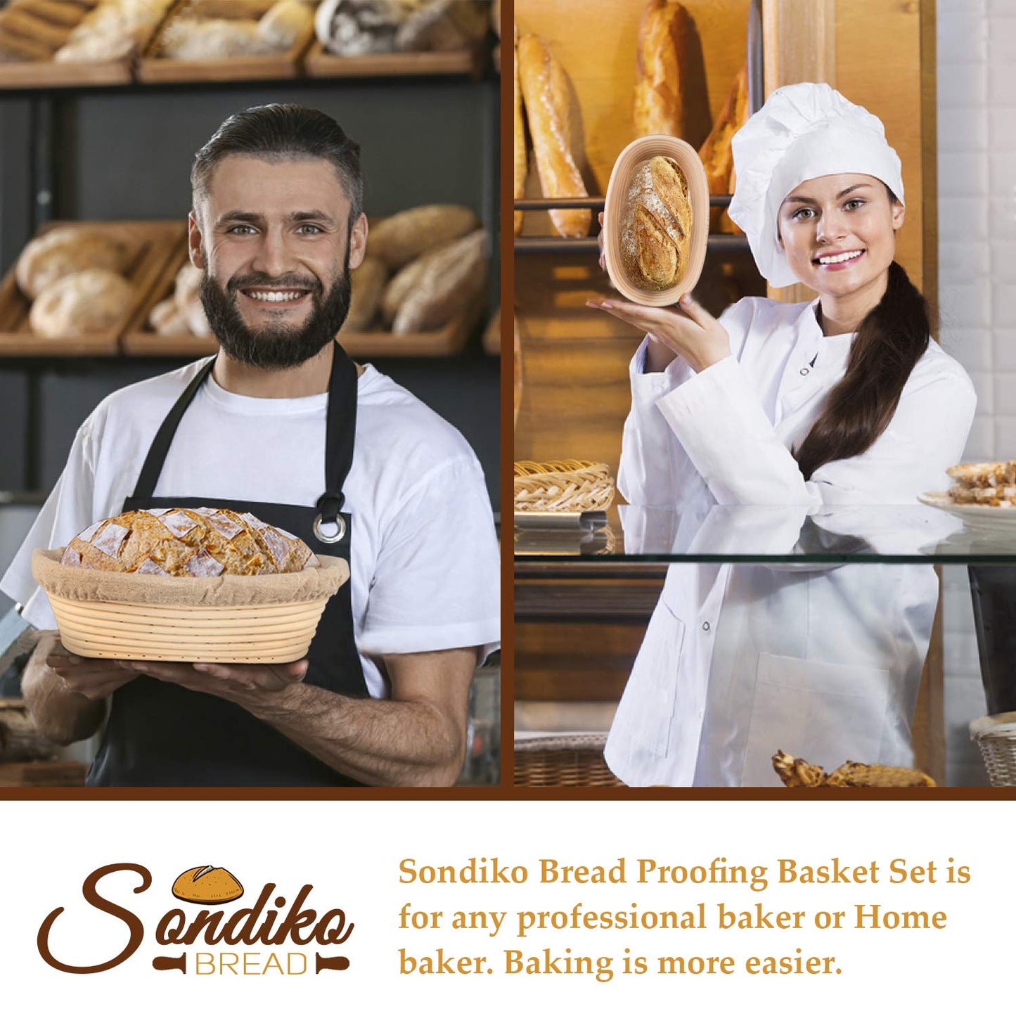 Sondiko Oval Bread Proofing Basket, Handmade Sourdough Bread Baking Supplies, Banneton Bread Proofing Basket Brotform with Proofing Cloth Liner for Sourdough Bread, Baking