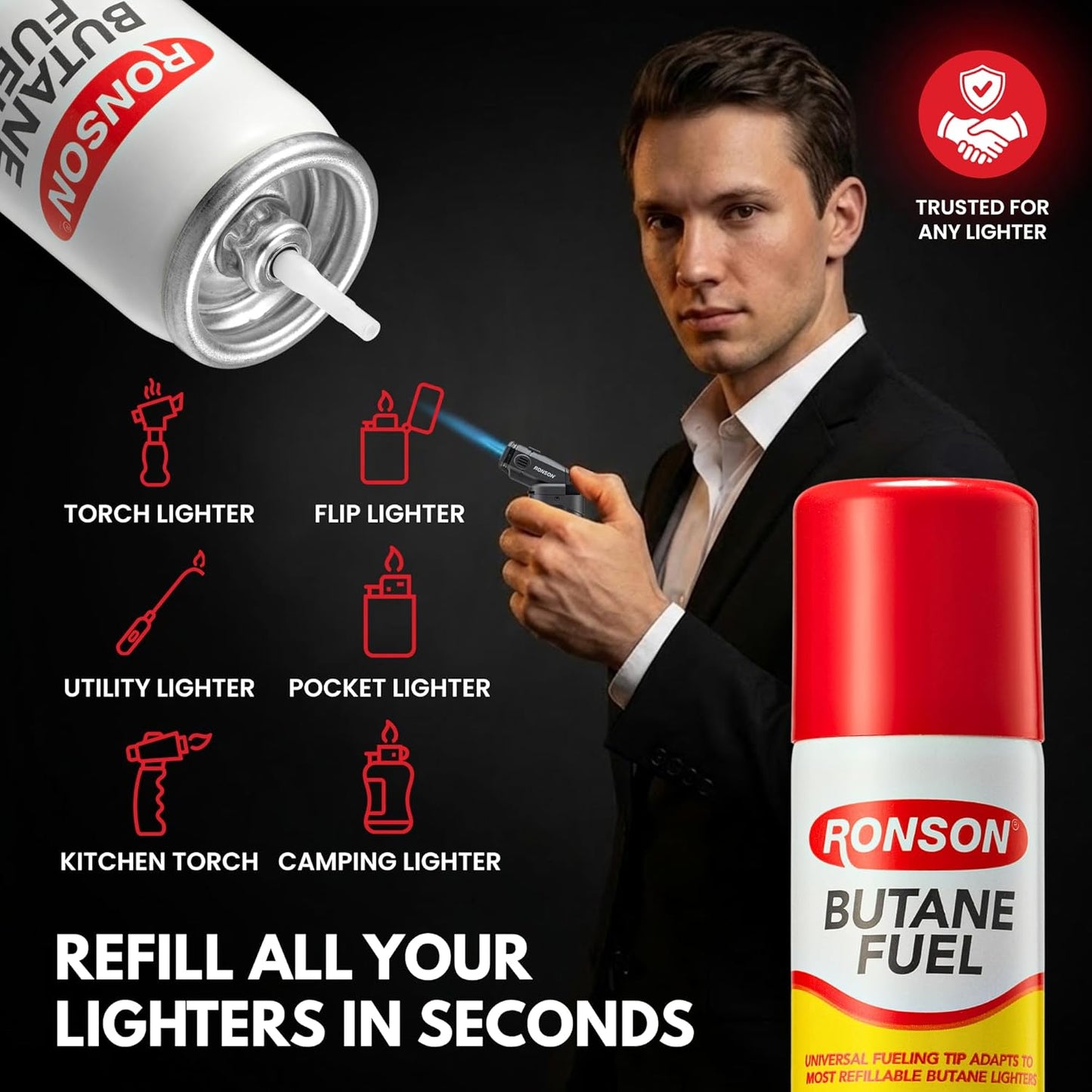 Ronson Butane Fuel Refill 75ml - Clean Burning Universal Lighter Fluid for Torch & Kitchen Use - Pack of 2