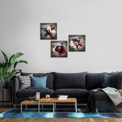 DuoBaorom Wall Art Set - Patriotic Blue Rose & Sunflower Canvas Prints | 12 x 12 Inches (3 Pieces)