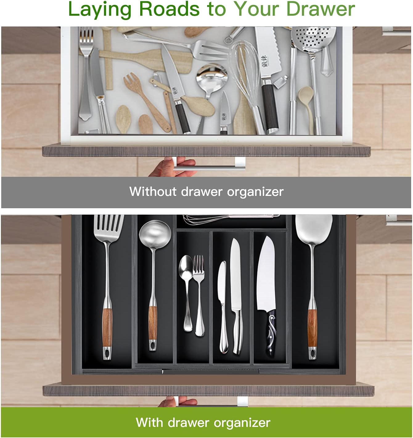Pipishell Bamboo Drawer Organizer - Adjustable Utensil Holder & Cutlery Tray | Black Wood Dividers for Kitchen & Home