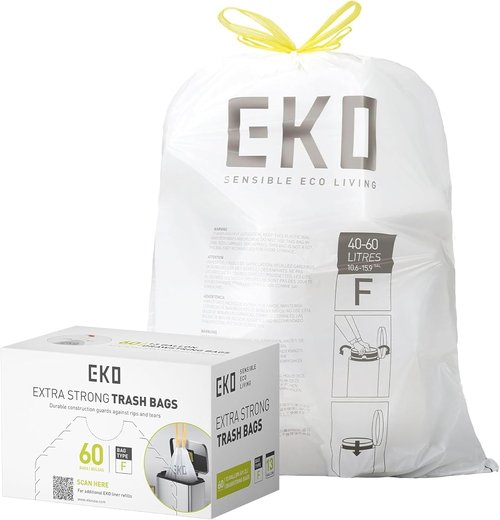 EKO 13 Gallon Drawstring Trash Bags - Extra-Strong Unscented, Leak-Resistant | 60 Count Roll for Kitchen & Household Use