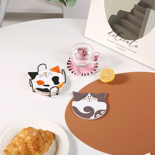 Auxmeware Coasters Set of 4, Cute Marble Cup Coaster with Holder for Drinks, Absorbent Coasters, Modern Table Coaster, Cat