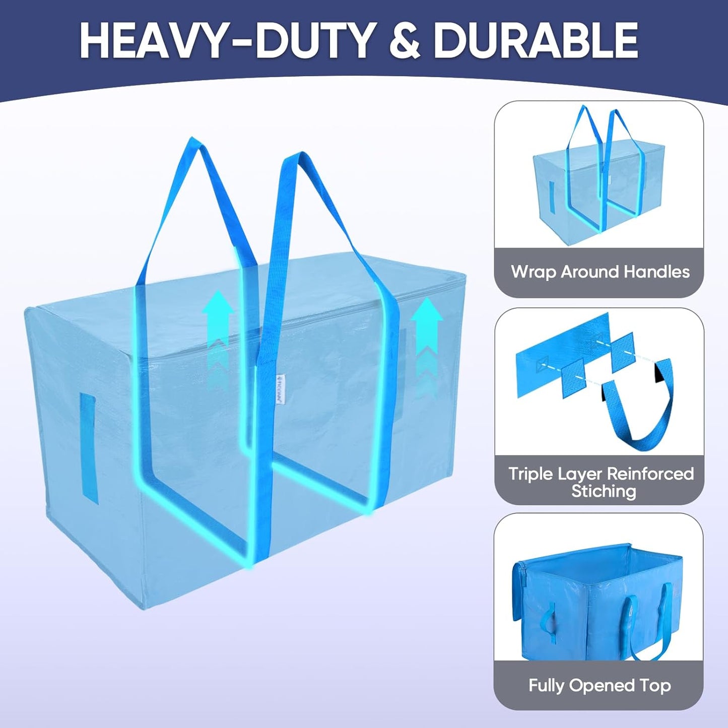TICONN Extra Large Heavy-Duty Moving Bags - Durable Storage with Zippers & Handles | 6 Pack, Sky Blue