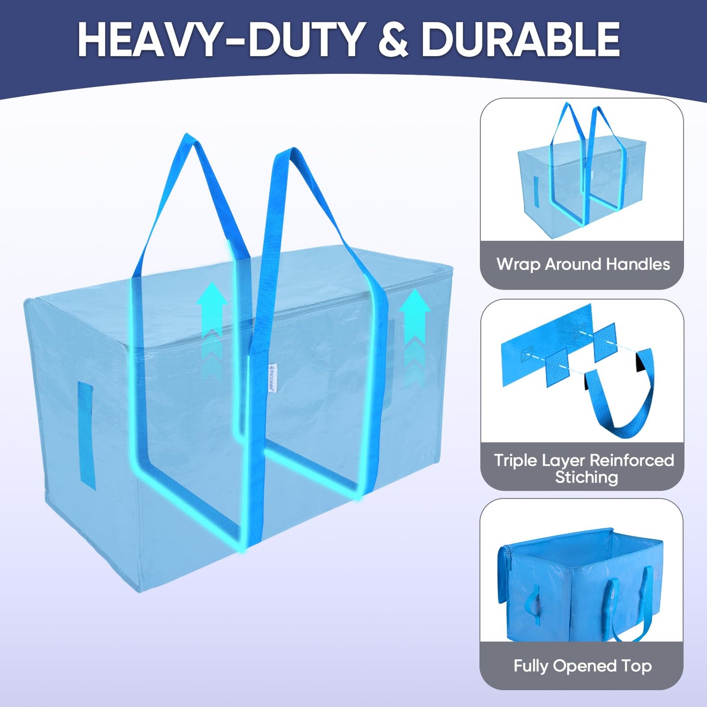 TICONN 2 Pack Extra Large Moving Bags Heavy Duty with Zippers & Carrying Handles, Durable Storage Bags Moving Boxes for Closet Organizers and Storage (2 Pack, Sky Blue)