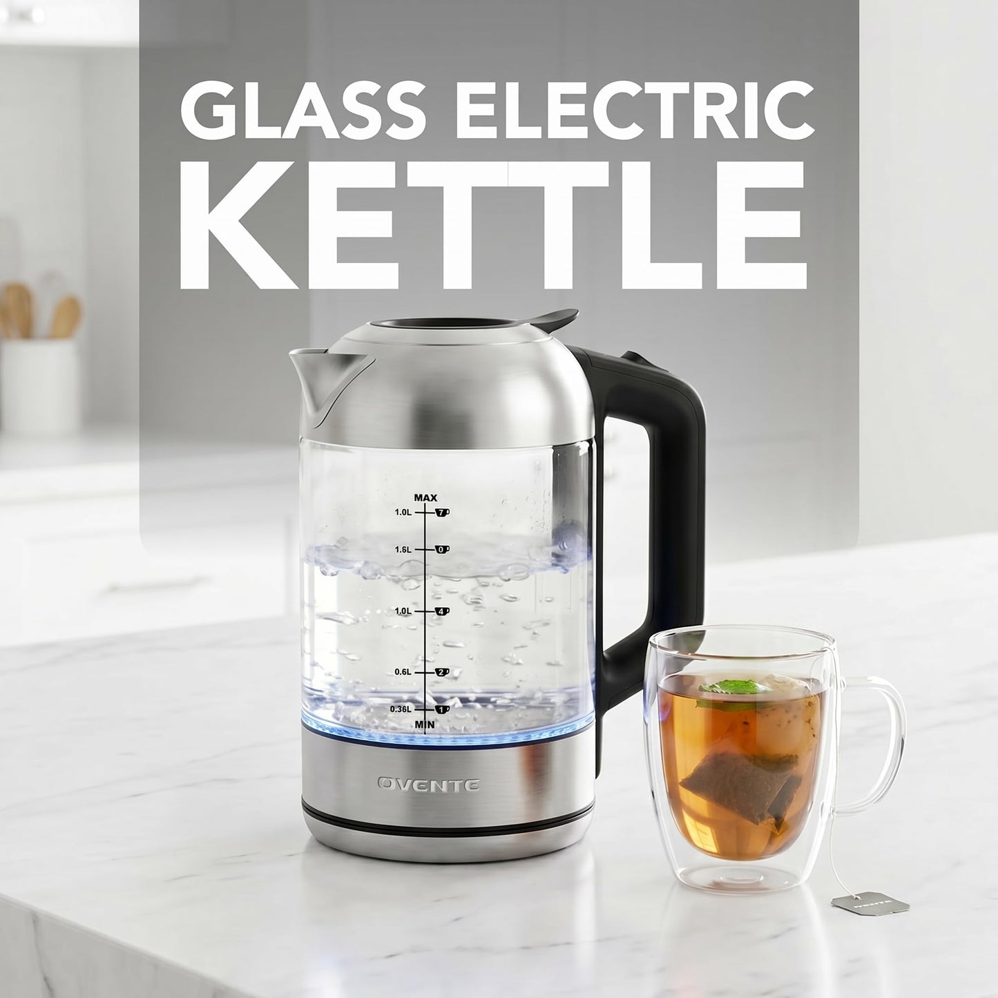 OVENTE Electric Kettle, 1.8L Glass Tea Kettle & Stainless Steel BPA-Free Cordless Electric Kettle, 1500W Fast Boil Electric Pot with Easy-Fill Lid, Auto Shut-Off & Boil Dry Protection, Silver KG751S