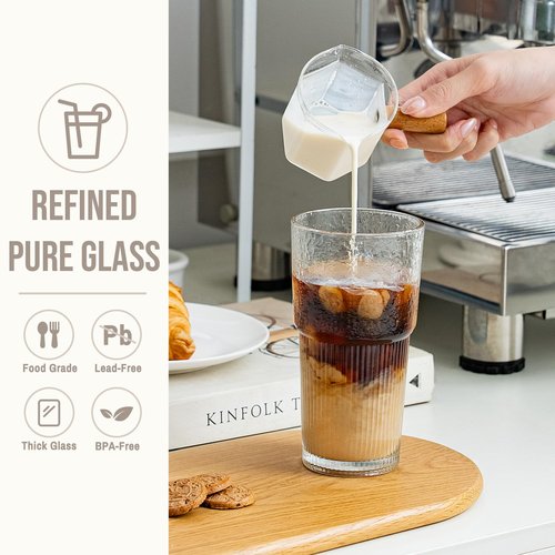 20oz Glass Tumblers with Lids and Straws, Set of 4 - Stylish Ribbed Design Drinking Glasses for Iced Coffee Cups, Juice, Smoothies, Cold Beverages, Includes Cleaning Brush, Durable Glassware