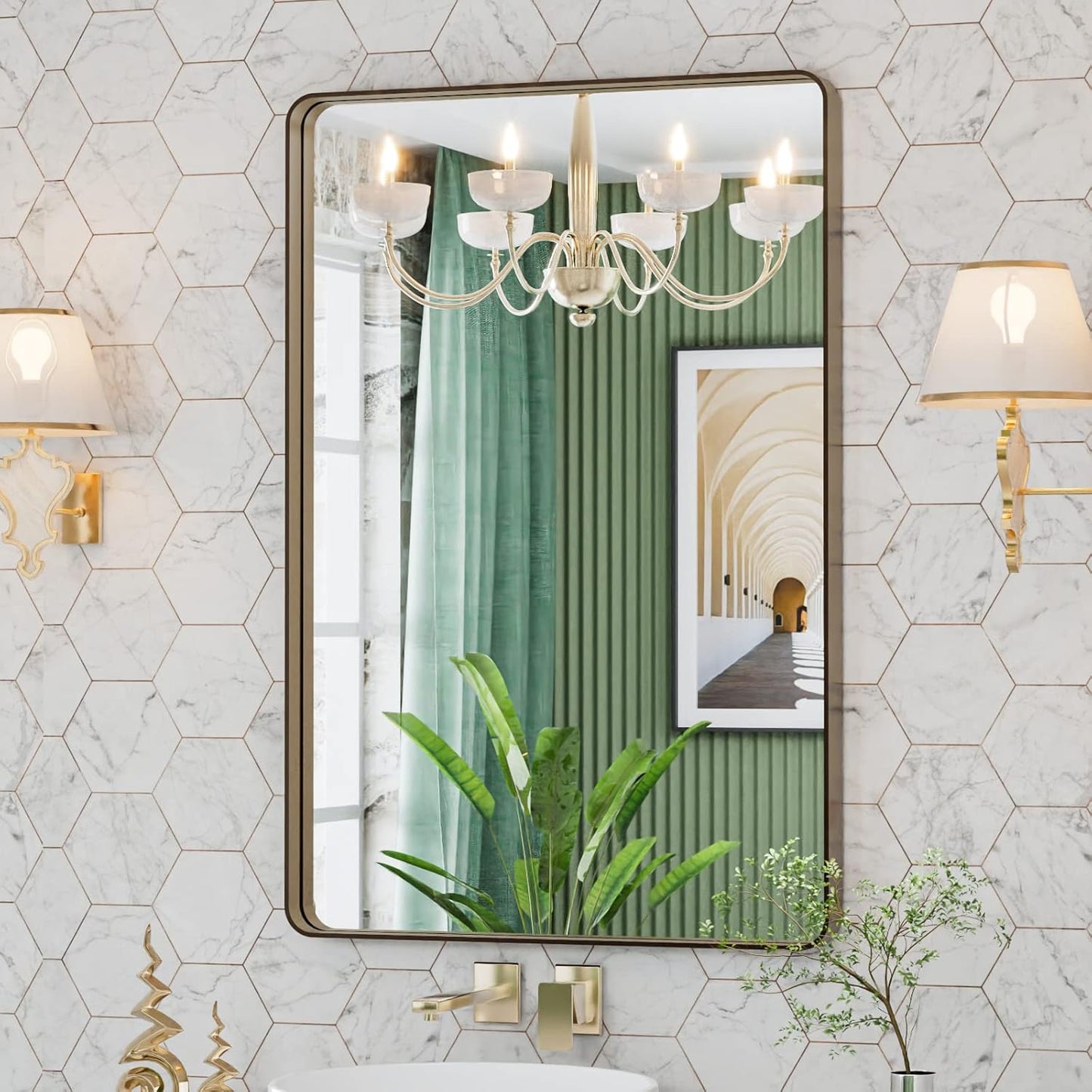 LOAAO Bronze Bathroom Mirror - 24”X32” Rounded Rectangle Design with Anti-Rust Brushed Metal Frame | Versatile Hanging Options
