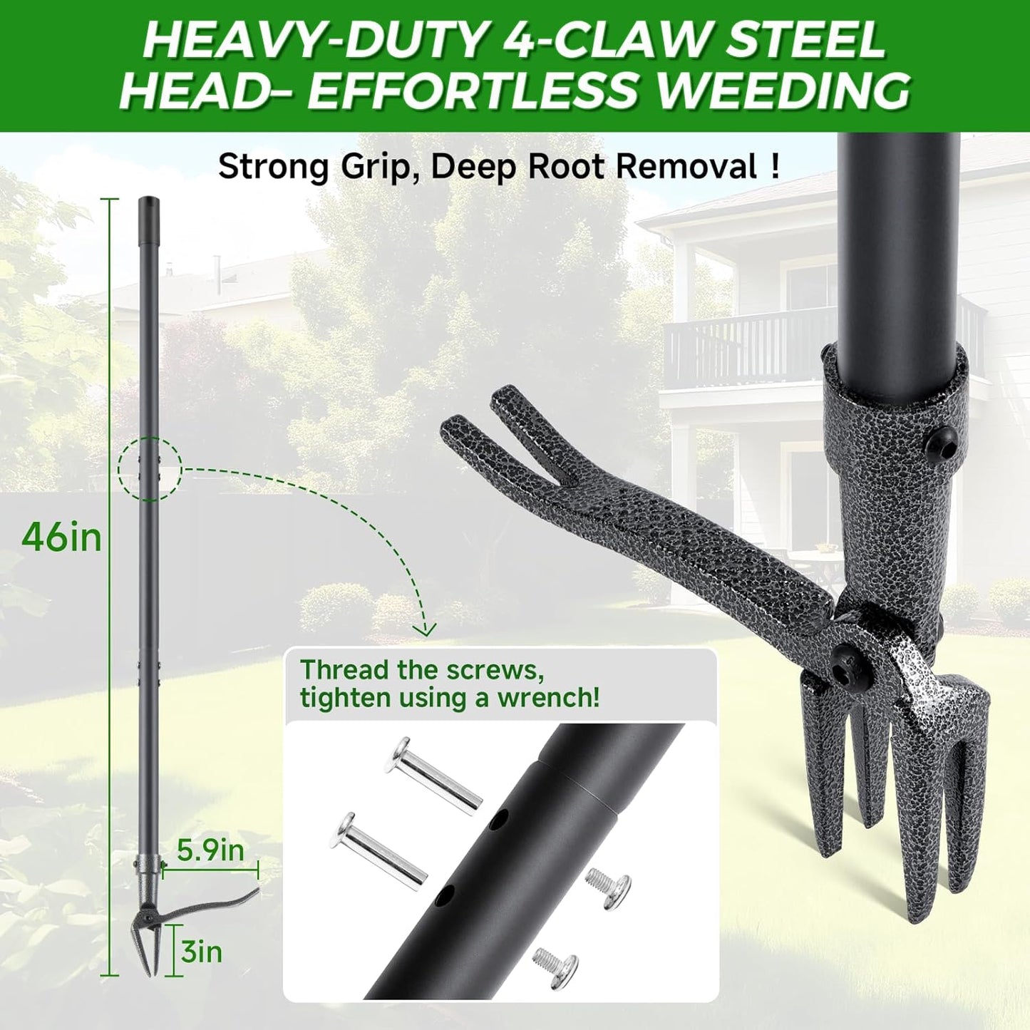 Stand Up Weed Puller by [Brand Name] - 46" Adjustable Steel Handle & 4-Claw Head for Effortless Weeding