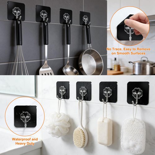DDMY Heavy Duty Adhesive Hooks for Hanging 50lb(Max) Black Wall Hooks with Strong Sticky,No Damage Removable Hook Waterproof & Reusable for Bathroom, Kitchen, Shower, Outdoor Decor -8 Pack