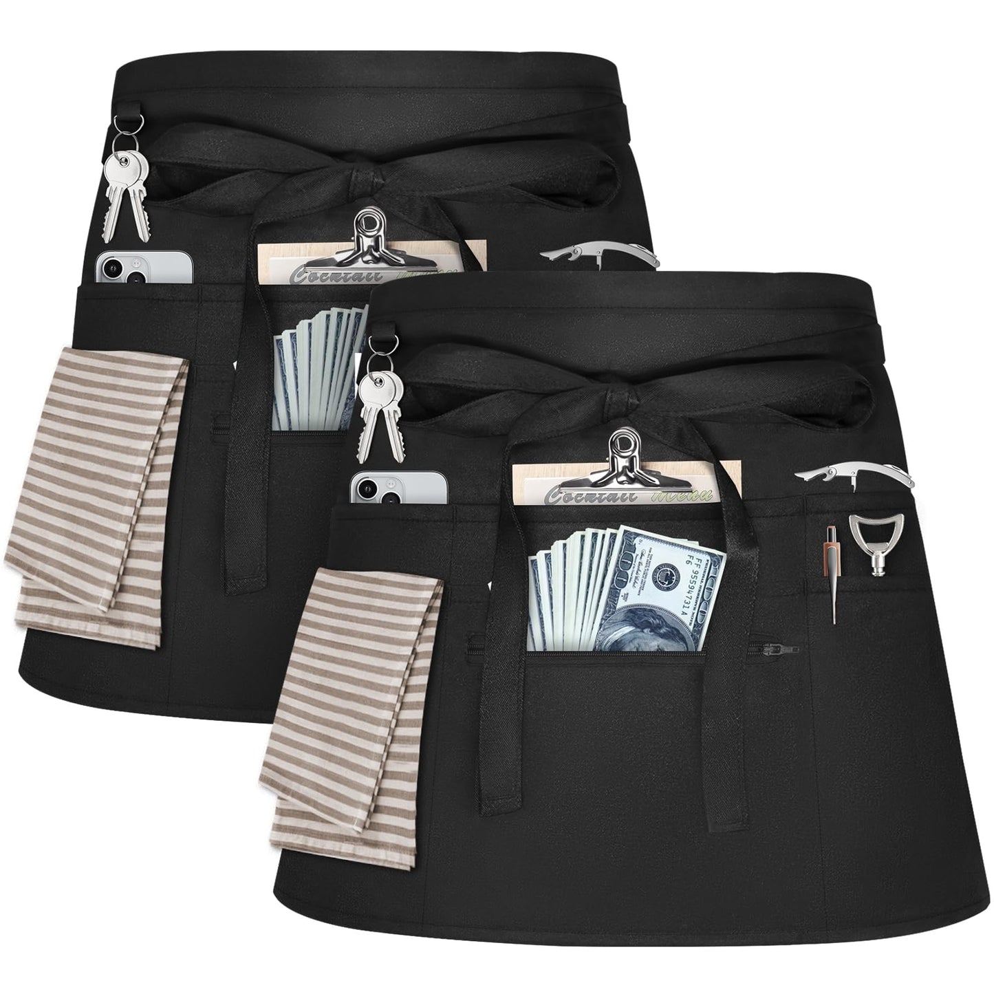 NLUS 2 Pack Server Apron with 8 Pockets, Water-Resistant Waiter Waitress Waist Half Apron for Women Men, 12 x 24 Inch - Black