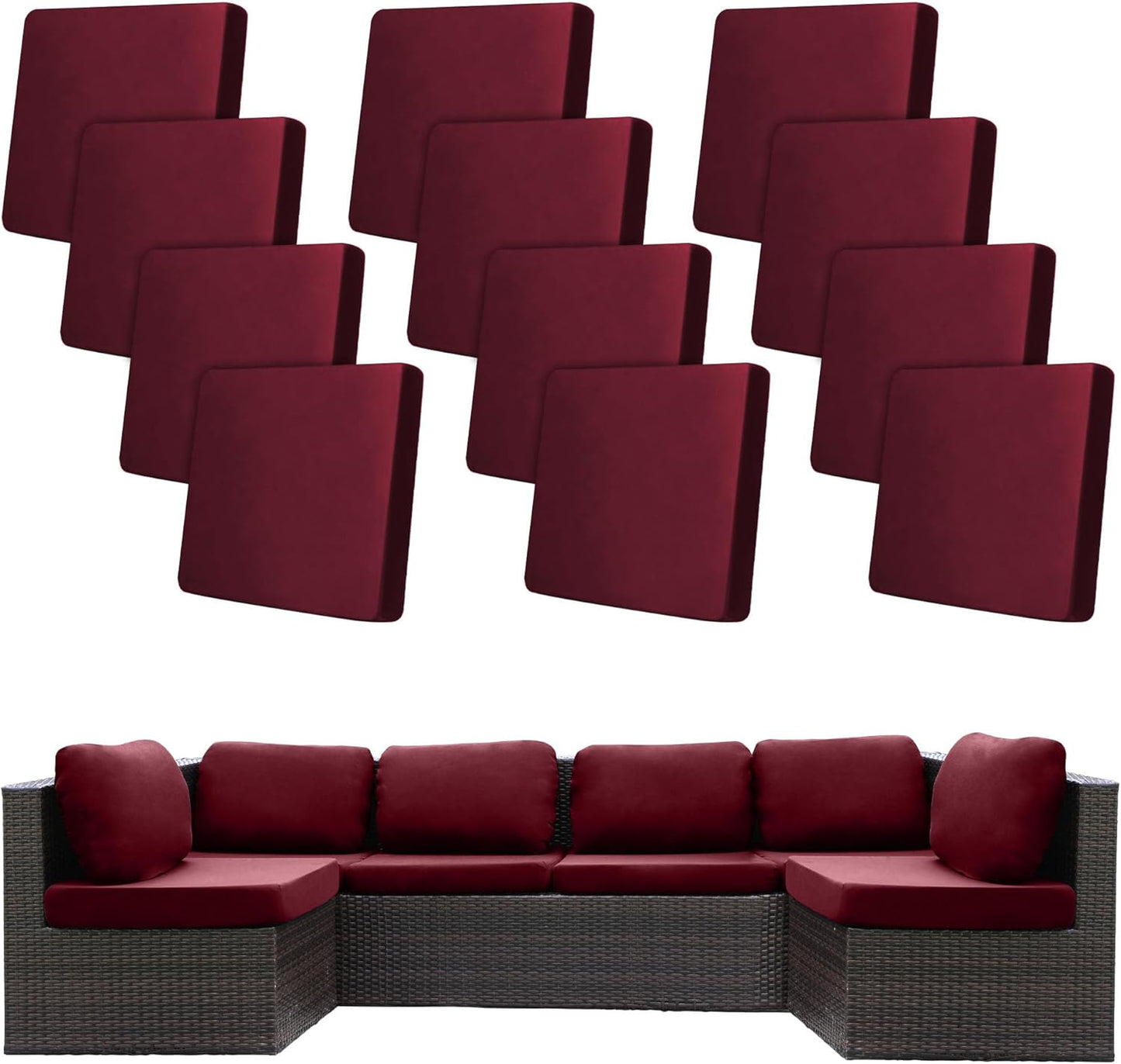 Skiennix 12-Piece Stretch Patio Cushion Covers - Washable & Reusable Outdoor Furniture Protectors | Wine Red