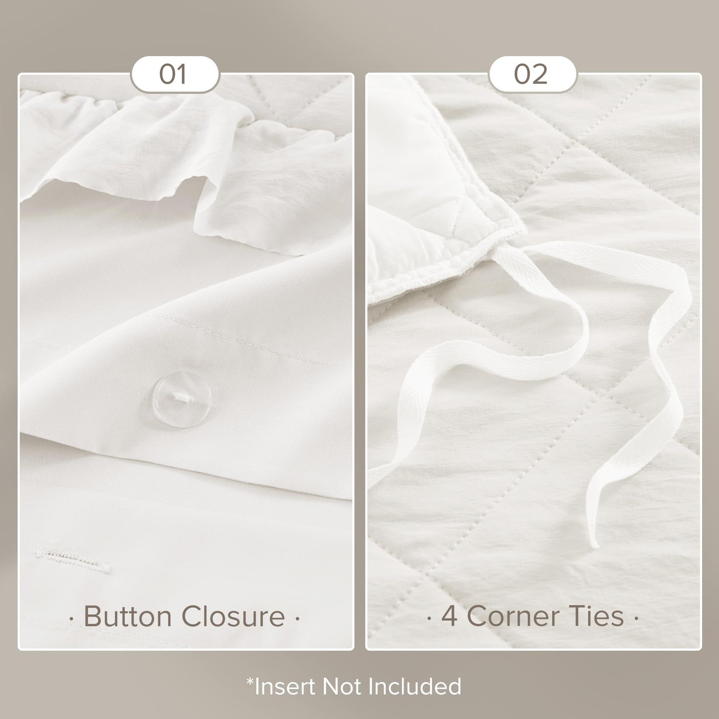 Comfort Spaces Ivory King Duvet Cover Set - 3 Pieces Ruffle Diamond Quilted Duvet Cover, All Season Lightweight, Cotton-Like Softness Pre-Washed Microfiber King Bedding Cover & Shams, King