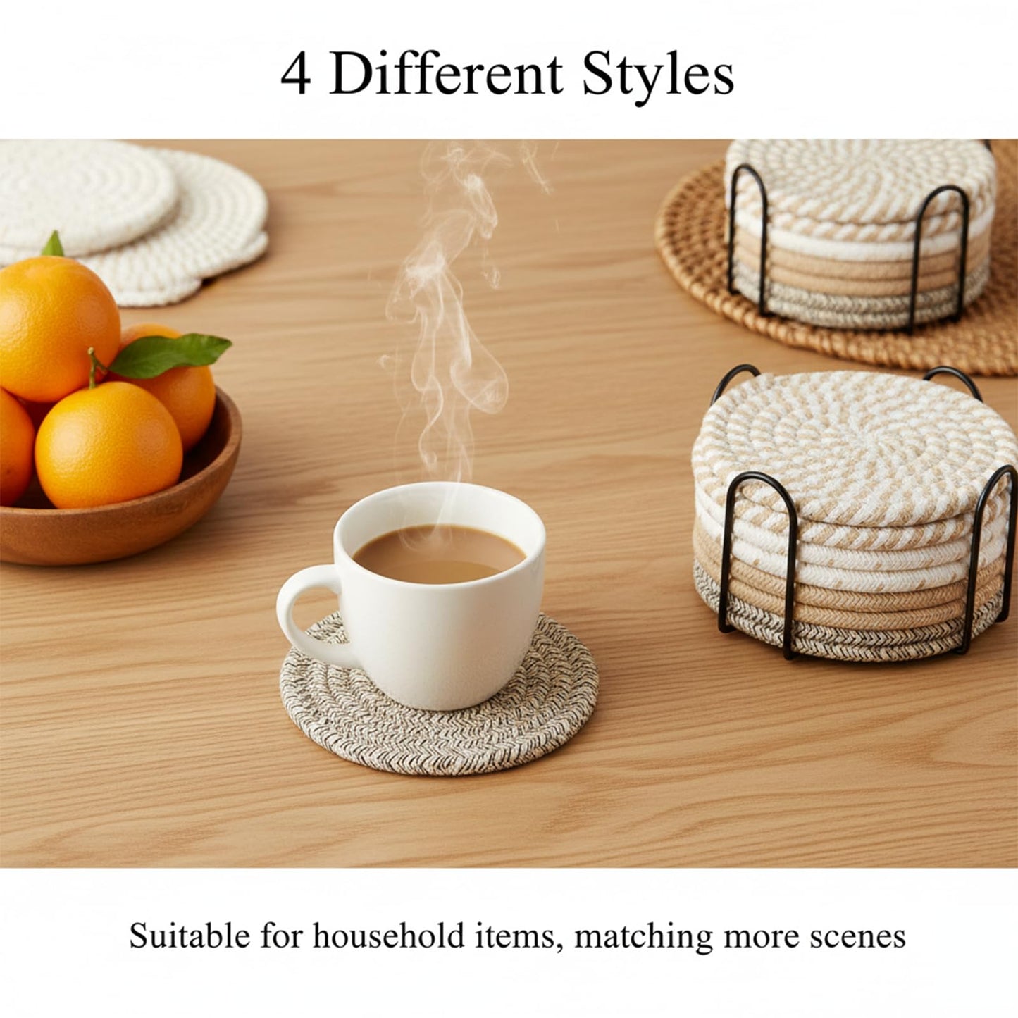ZEXOLAP Drink Coasters Set of 8 with Holder – Cotton Woven Absorbent Coasters, 4 Colors for Coffee, Beer, Drinks & Tabletop Protection