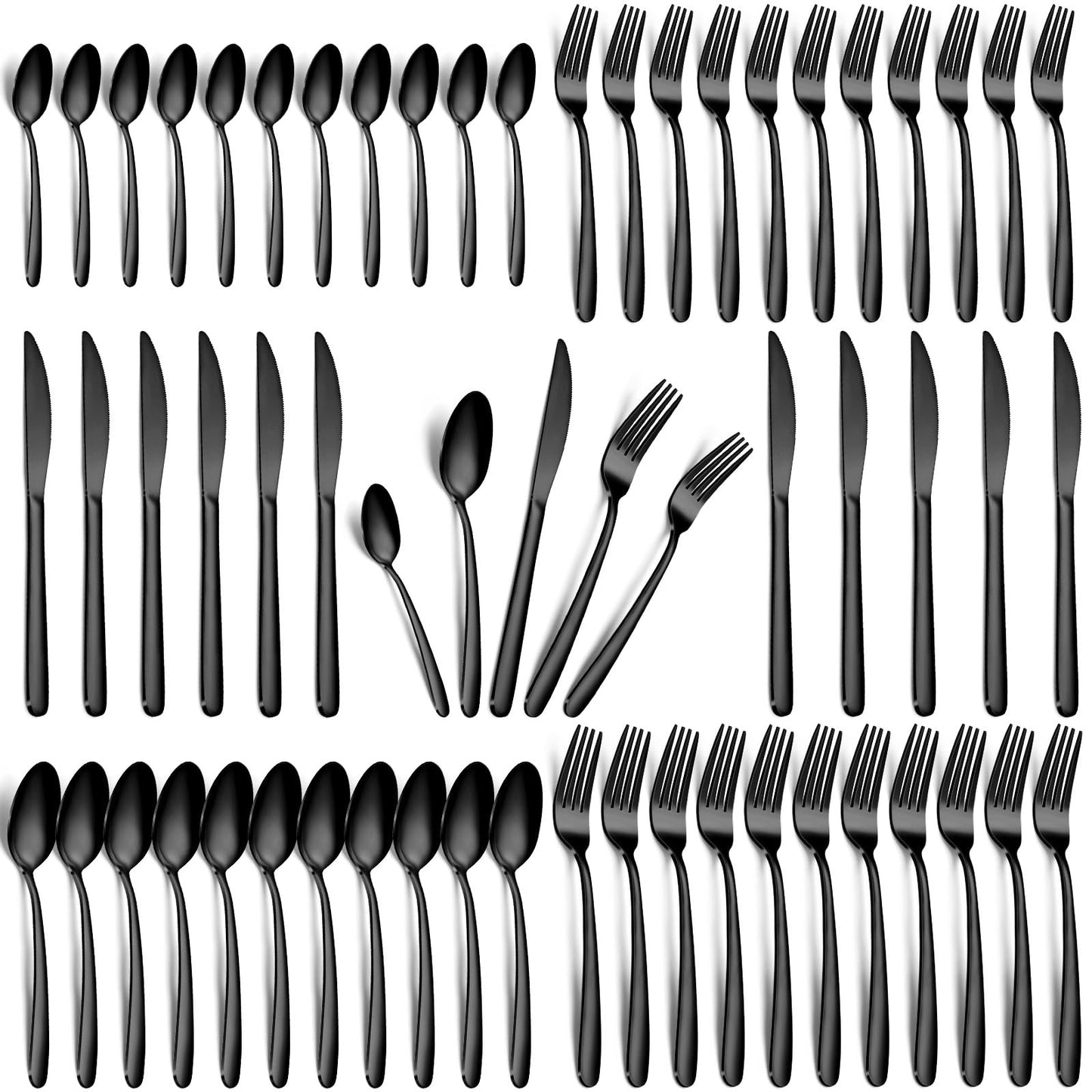 Hunnycook 60-Piece Black Silverware Set - Stainless Steel Silverware Set for 12, Includes Forks Spoons and Knives, Utensil Sets for Home Kitchen Restaurant, Dishwasher Safe