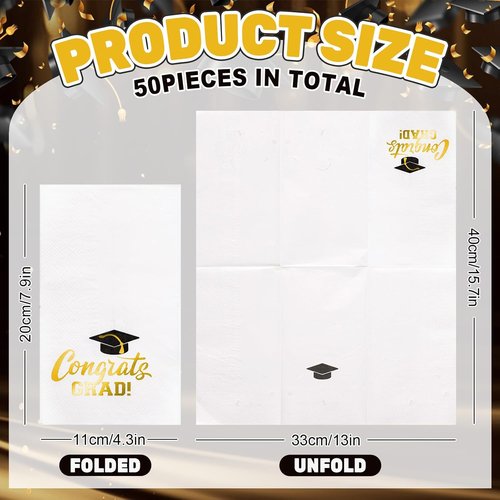 FYSUIMU Graduation Guest Napkins - 50 Pcs Gold Foil Congrats Grad Design | Disposable Dinner Paper Towels