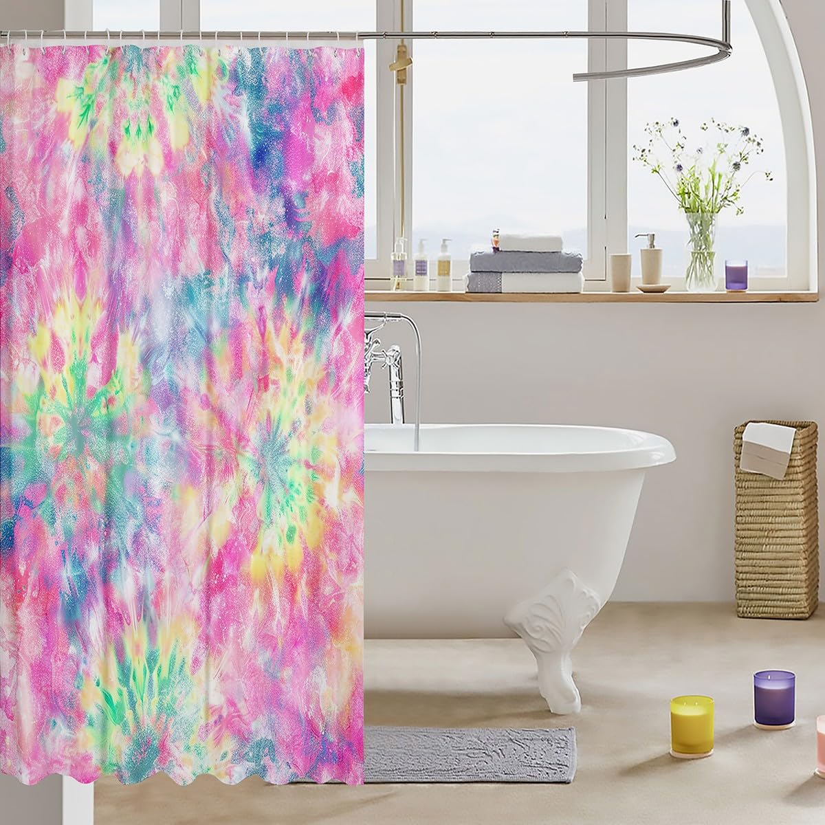 Erosebridal Kids Tie Dye Shower Curtain, Girls Bohemian Hippie Bath Curtain, Watercolor Psychedelic Bathroom Accessories, Waterproof Polyester Fabric Curtains Set for Teens Women, 72" W X 72" L