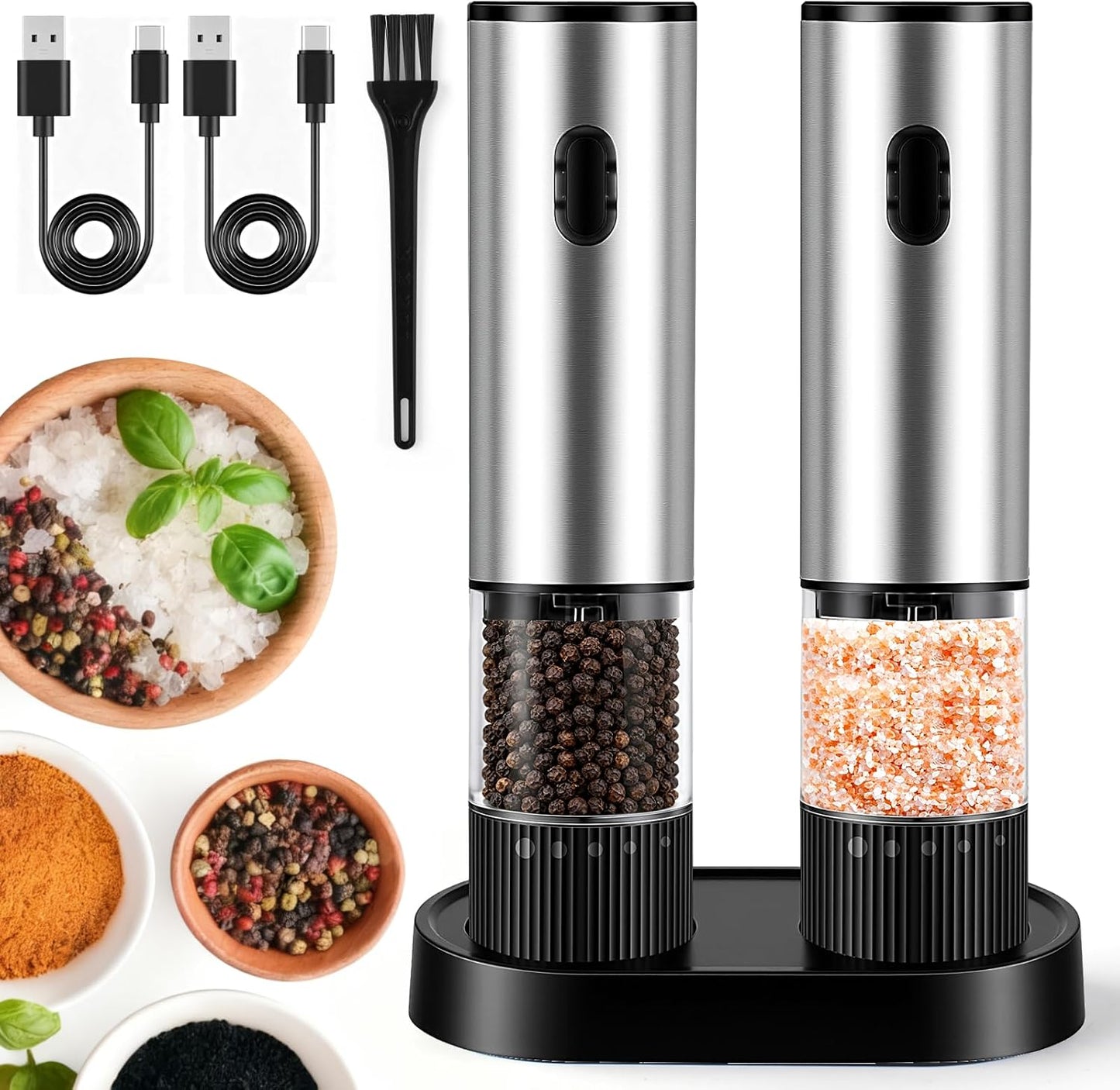 Skiennix Electric Salt and Pepper Grinder Set - 2 Pack with LED Light & USB-C Charging Base, Adjustable Coarseness