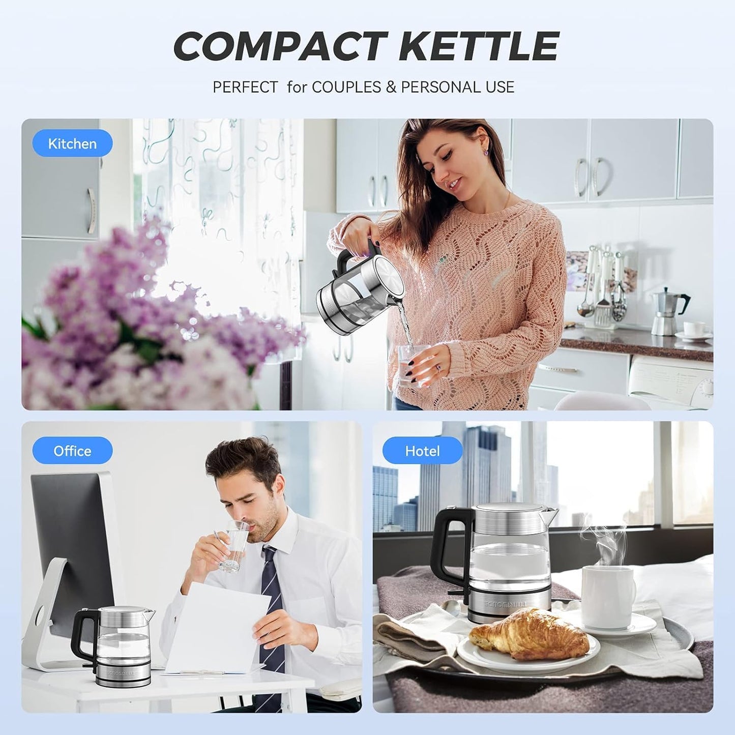 LUUKMONDE Electric Kettle, 1L 1500W, Small Glass Tea Kettle, Hot Water Boiler with LED Indicator, Cordless Water Heater Kettle, BPA-Free, Fast Boiling, Auto Shut-Off, Boil-Dry Protection