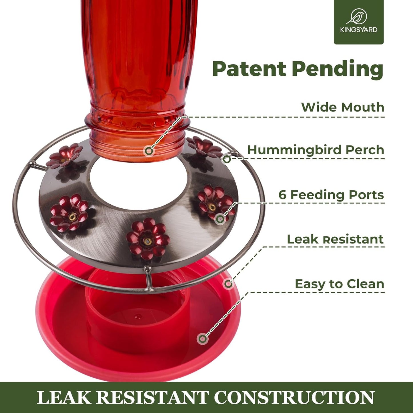 Kingsyard Glass Hummingbird Feeder - 6 Feeding Ports with Ant Moat | Red Outdoor Garden Decor