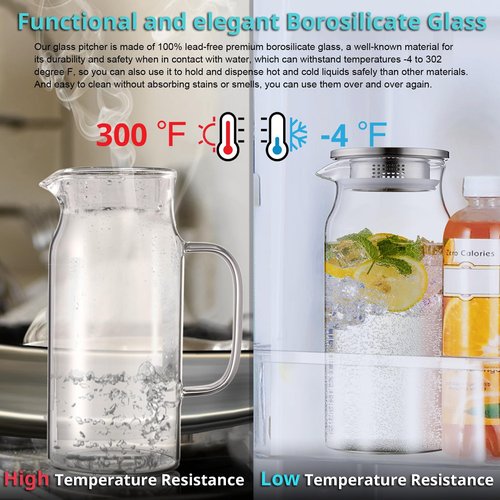 Bivvclaz 3 Pack 2 Liter 68 oz 2.1 Qt Glass Pitcher with Lid and Handle, Water Pitcher for Fridge, Glass Carafe for Hot/Cold Water, Large Iced Tea Pitcher for Coffee, Juice and Homemade Beverage