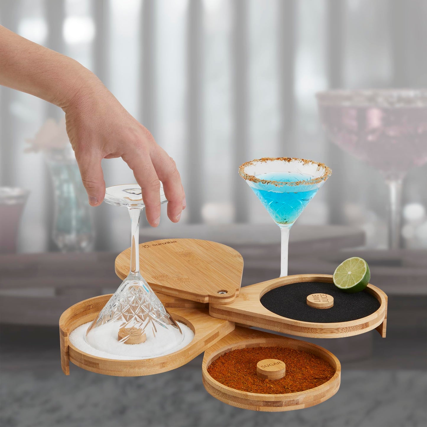 Sunziba Margarita Salt Rimmer Set | 3-Tier Bamboo Salt Rimmer for Cocktails | Bartender Accessories & Home Bar Gift | Complete Margarita Kit